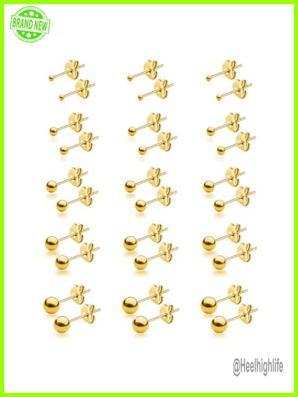 15 Pairs 316L Stainless Steel Ball Stud Earrings Set